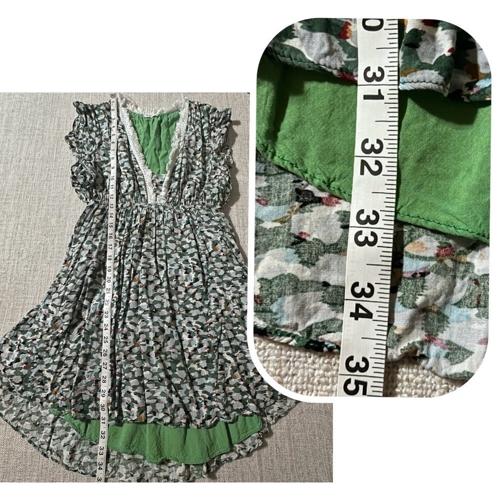KORI Green Multi Color V-Neck Hi-Li Dress Lined Fringe Lace Flutter Boho Wmn S - Picture 13 of 14